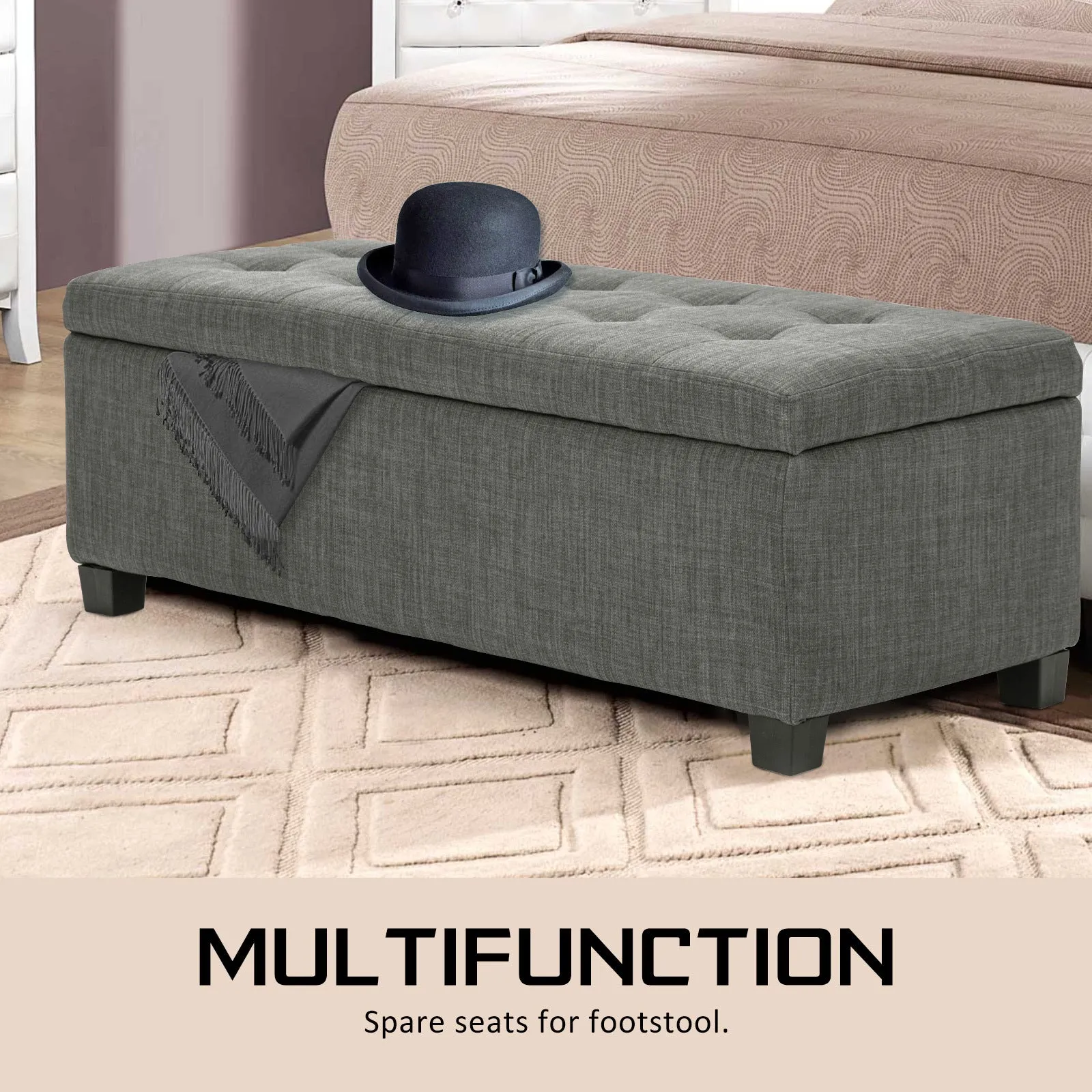 102cm Storage Ottoman Stool Fabric - Dark Grey