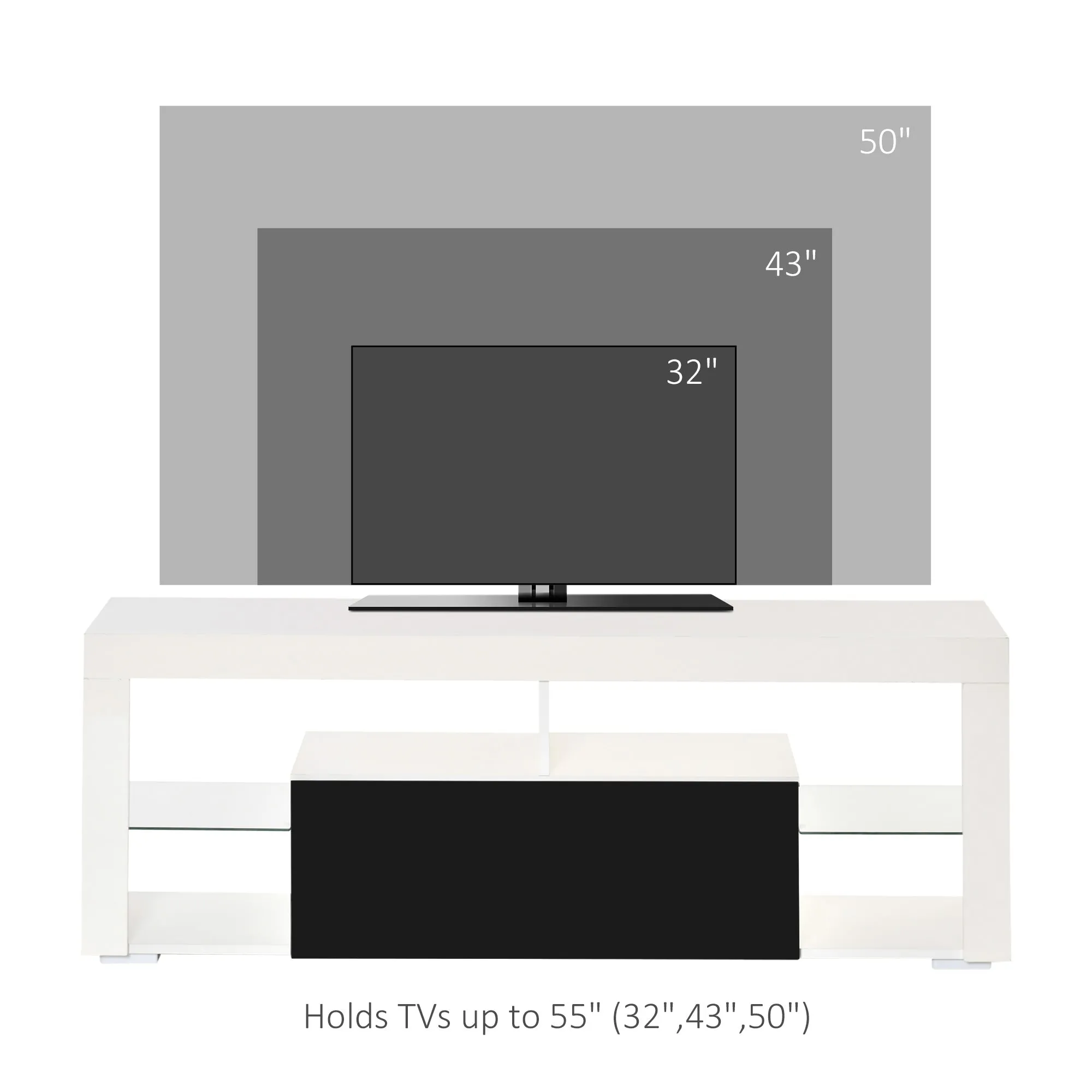 140cm TV Stand Cabinet High Gloss Media TV Stand Unit with LED RGB and Storage Shelf for 55 inch TV Black and White