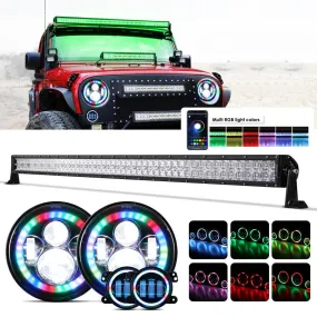 52" V-PRO SERIES RGBW LED LIGHT BARS   7" RGB Headlights   4" RGB Fog Light for Jeep Wrangler JK TJ LJ CJ