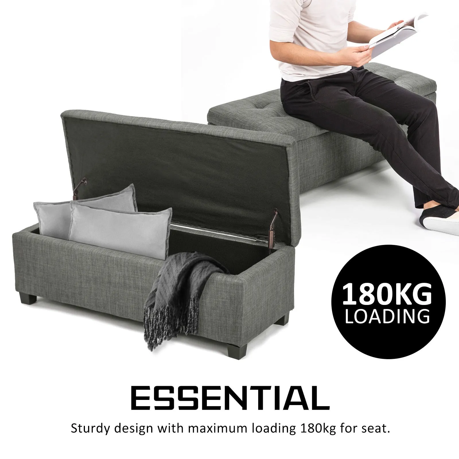 Dark Grey Fabric Storage Ottoman Foot Stool Chest 102cm