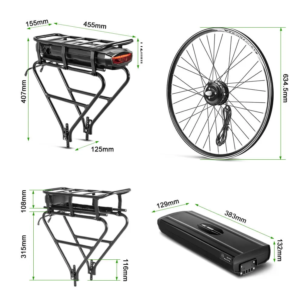 E-Bike Conversion Kit 36V 250W 28" (700C) 44 NM Front Motor Kit R1-Pro with 36V 13Ah Rear Battery INNER ROTOR Smaller and More Quiet