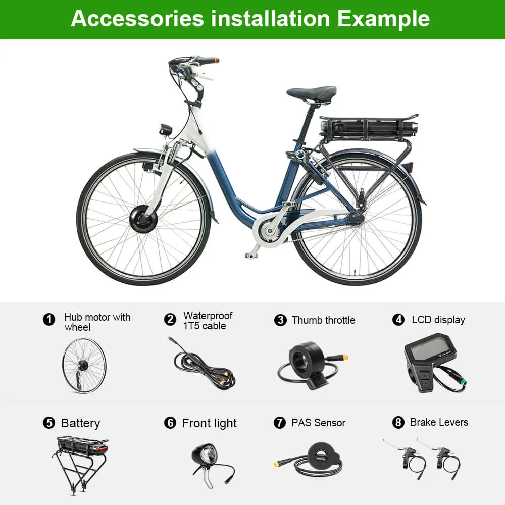 E-Bike Conversion Kit 36V 250W 28" (700C) 44 NM Front Motor Kit R1-Pro with 36V 13Ah Rear Battery INNER ROTOR Smaller and More Quiet