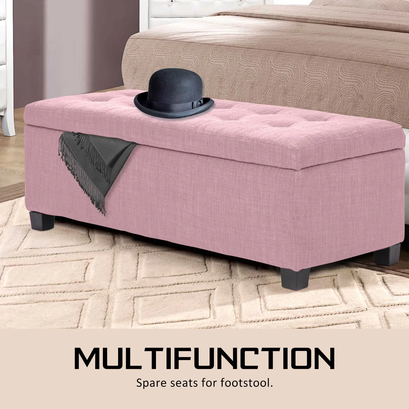 Faux Linen Storage Ottoman Stool 102cm w/ Soft Cushion Top