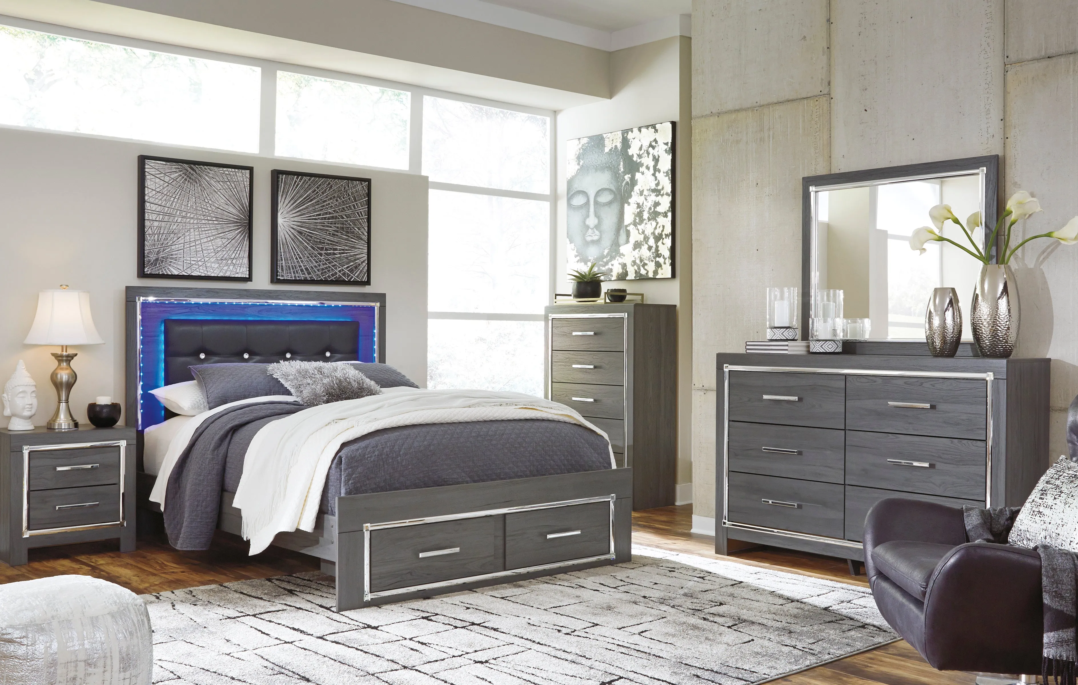 Lodanna Gray LED Footboard Storage Bedroom Set