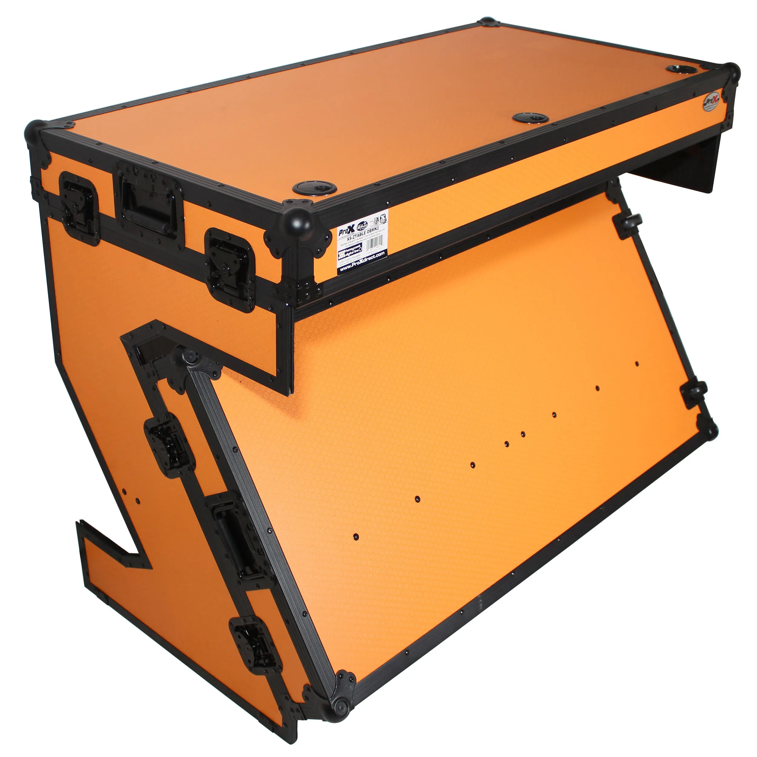 ProX XS-ZTABLEOB MK2 DJ Z-Table® Workstation | Flight Case Table Portable W-Handles and Wheels | Black on Orange