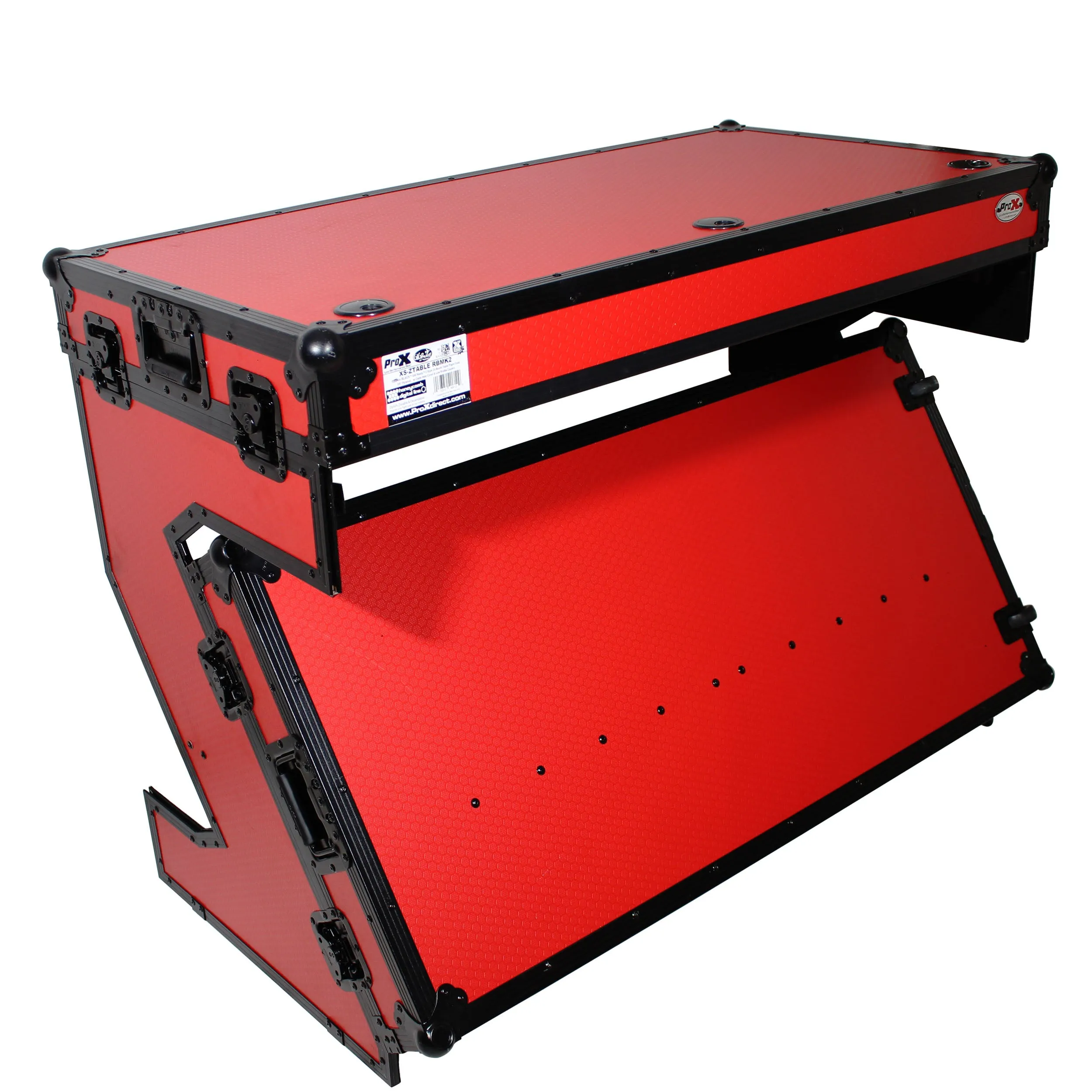 ProX XS-ZTABLERB MK2 DJ Z-Table® Workstation | Flight Case Table Portable W-Handles and Wheels | Black on Red