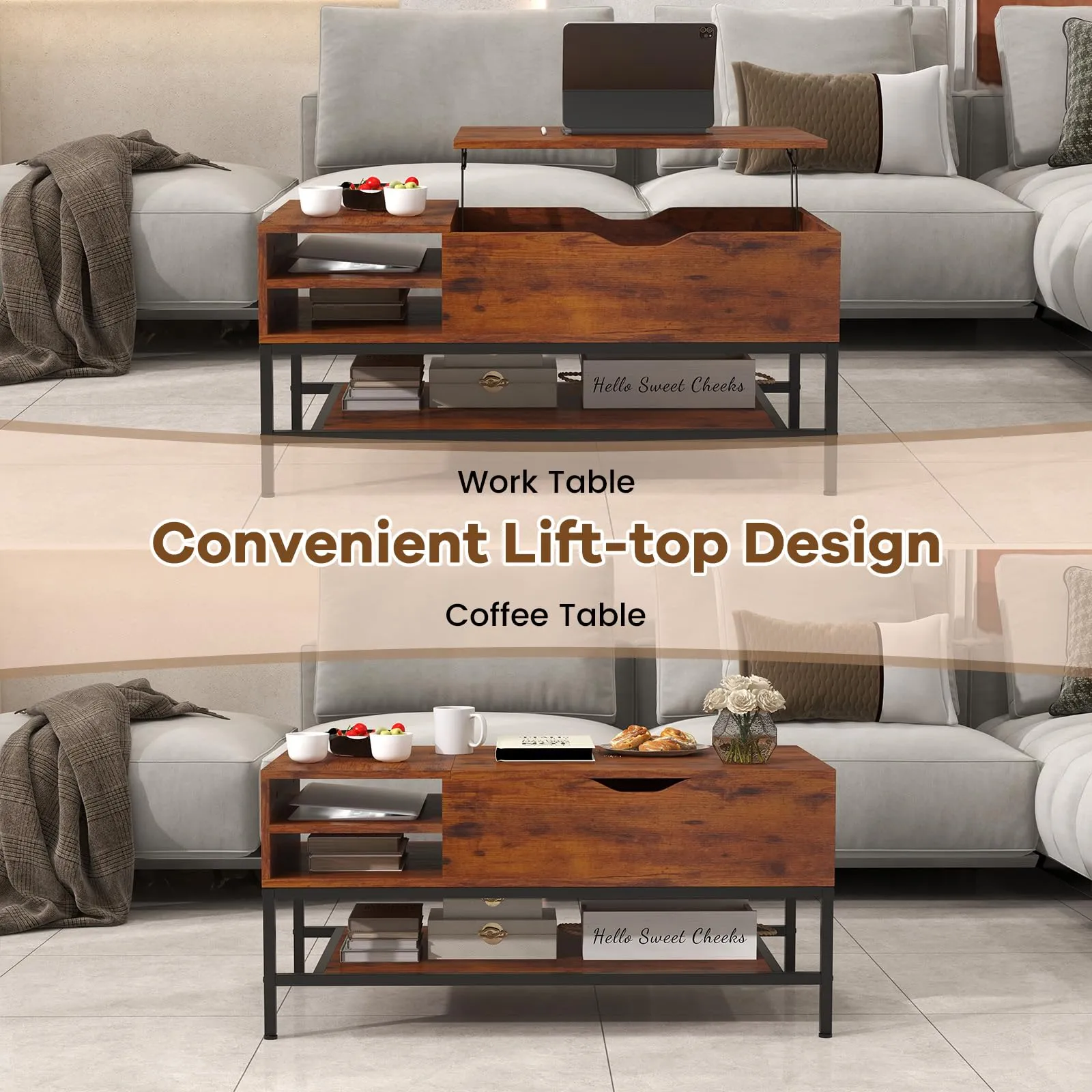 Tangkula Lift Top Coffee Table, Industrial Living Room Table with Hidden Compartment(Industrial, Rustic Brown)